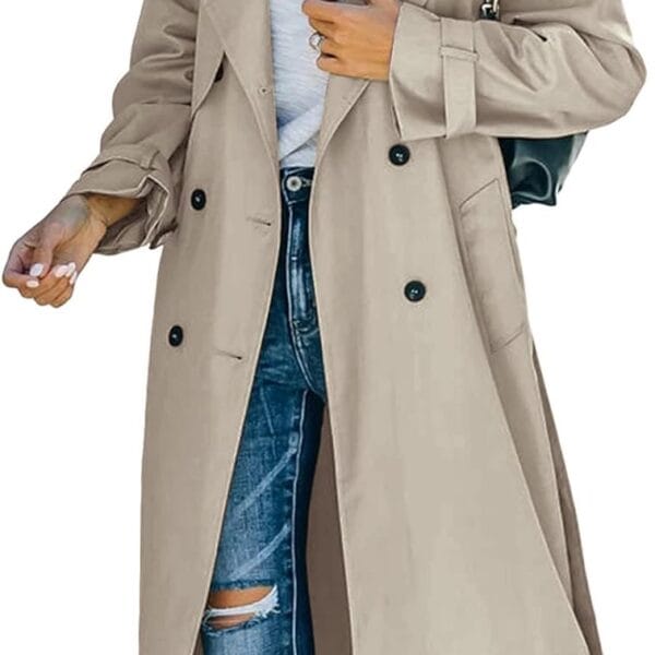 Makkrom Women's Double Breasted Long Trench Coat Windproof Classic Lapel Slim Overcoat with Belt