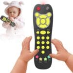 KALUYA Baby TV Remote Toy, Toddlers Remote Control Toy Kids Realistic Play Remote Early Educational Baby Musical Toys with Light and Sound English French Spanish for Infant Boys Girls 6 Month+, Black
