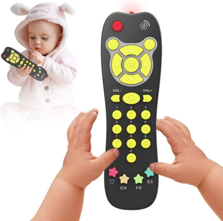 KALUYA Baby TV Remote Toy, Toddlers Remote Control Toy Kids Realistic Play Remote Early Educational Baby Musical Toys with Light and Sound English French Spanish for Infant Boys Girls 6 Month+, Black