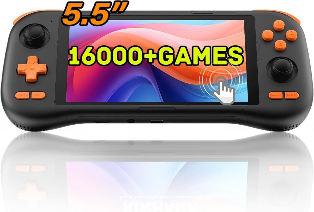 Kinhank K56 Retro Handheld Game Console Built-in 16000+ Games,Android 14.0 Portable Game Console,5.5 inch Touch Screen,64GB RAM+128GB ROM,5000mAh Battery,WiFi 5.0,BT5.0,Hall Rocker