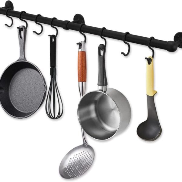 ROTHLEY Hanging Pot Rack Hanger: 23.7 Inch Stainless Steel Pot and Pan Hanger Pot Rack Wall Mounted Hanging Pots and Pans Rack Pot Hangers for Kitchen Wall Kitchen Rail with HooksMatt Black