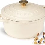 Overmont Enameled Cast Iron Dutch Oven - 5.5QT Pot with Lid Cookbook & Cotton Potholders - Heavy-Duty Cookware for Braising, Stews, Roasting, Bread Baking white