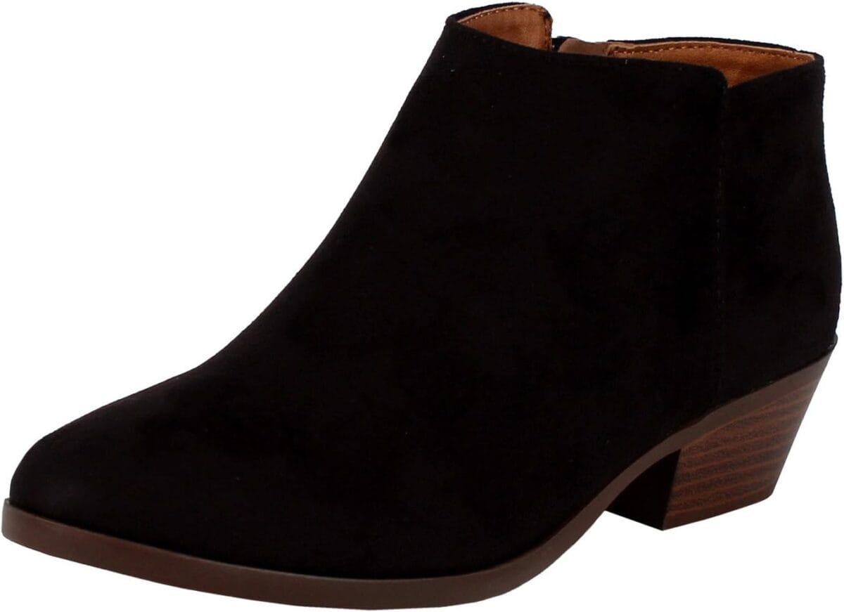 SODA Women's Round Toe Faux Suede Stacked Heel Western Ankle Bootie