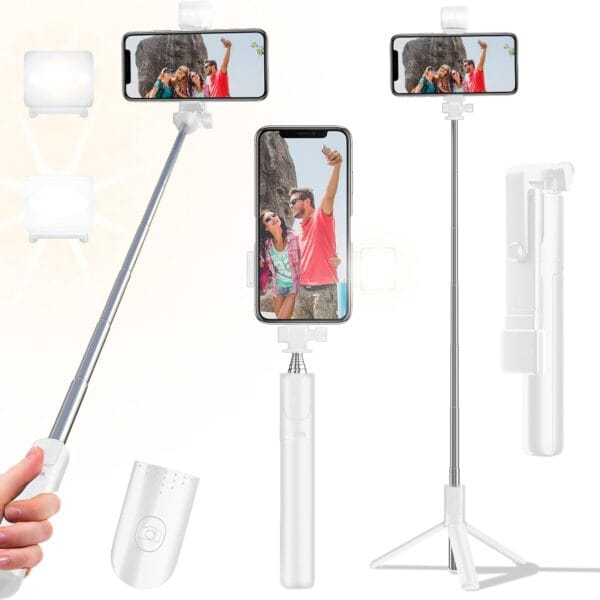 Selfie Stick Tripod, 40 in Retractable Tripod for iPhone with Wireless Remote Control & Light, Portable Phone Tripod for Photograph, Live Streaming, Video Recording, Compatible with All Cellphones