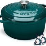 Overmont Enameled Cast Iron Dutch Oven - 5.5QT Pot with Lid Cookbook & Cotton Potholders - Heavy-Duty Cookware for Braising, Stews, Roasting, Bread Baking bottle green