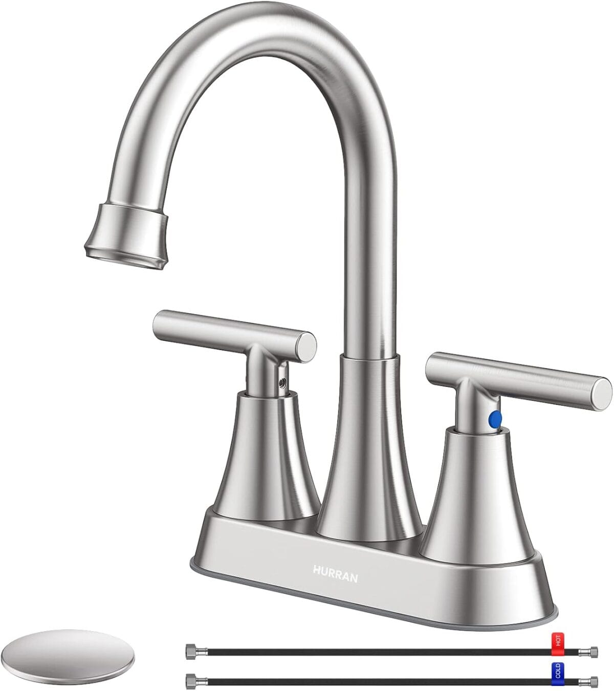 Bathroom Faucets for Sink 3 Hole, Hurran 4 inch Brushed Nickel Bathroom Sink Faucet with Pop-up Drain and Supply Lines, Stainless Steel Centerset Faucets for Sink Vanity RV