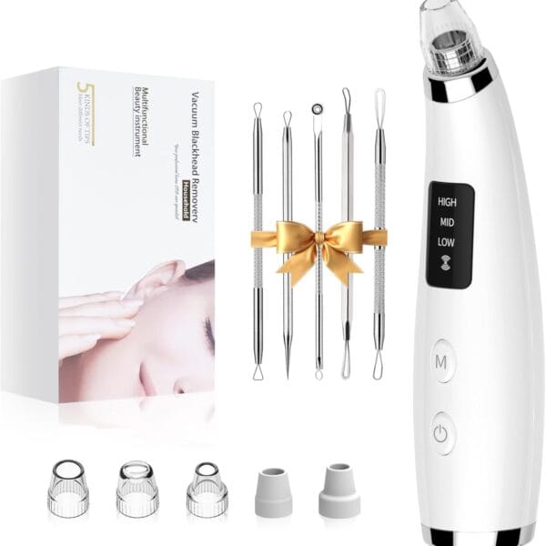 Facial Pore Blackhead Remover Vacuum - Face Cleaner and Blackhead Extractor with 3 Adjustable Suction Levels, 5 Probes, USB Charging Interface - Pore Vacuum Kit for Women&Men (White)