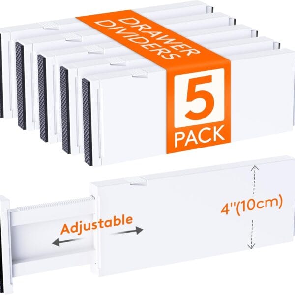Lifewit 5 Pack Drawer Dividers 4" High, 11-17" Adjustable Dresser Drawer Organizers for Clothes, Expandable Dresser Separators in Bedroom/Bathroom/Kitchen/Vanity/Office Organization and Storage, White