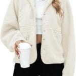 Yanekop Womens Fleece Jacket Fuzzy Long Sleeve Short Coats Button Down Sherpa Outerwear with Pockets