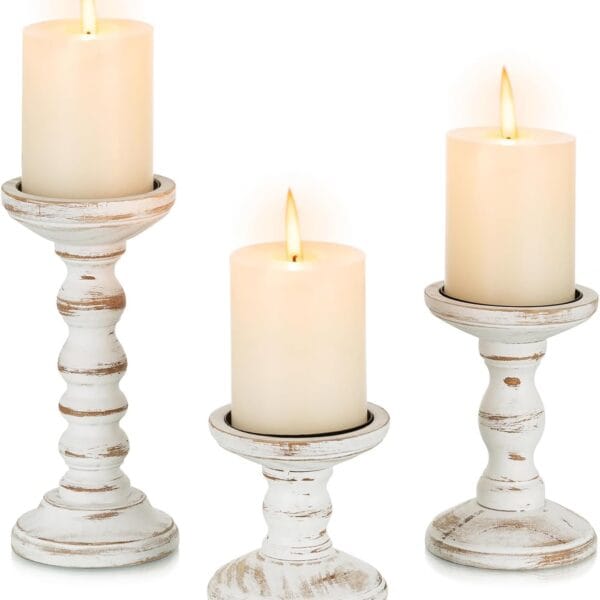 Wood Candle Holders for Pillar: Rustic Candles Holder Set of 3 Tall Table Centerpiece Decor Wooden White Farmhouse Decorations for Fireplace Mantle
