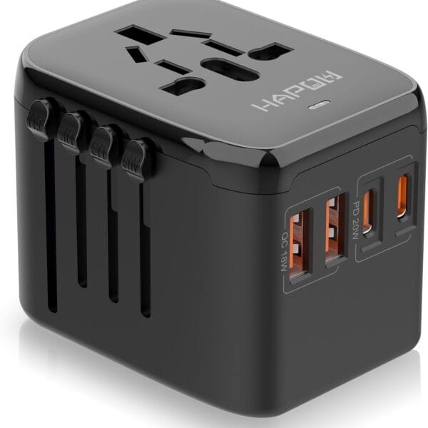 Universal Travel Adapter, PD20W International Power Adapter, 2 USB-C & 2 USB-A Fast Charging Travel Charger, All in One Worldwide Travel Plug Adapter, Outlet Adapter for Europe EU UK USA AU