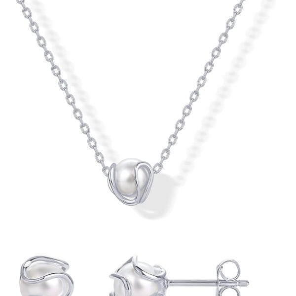PAVOI 14K Gold Plated Round Shell Pearl Jewelry Set for Women - Gold Pearl Necklace and Earring Set with Pendant Necklace and Caged Stud Earrings Pack