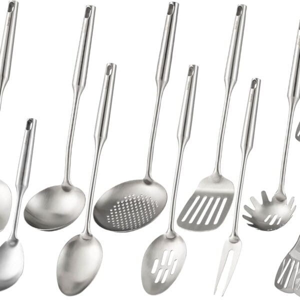 18/10 Stainless Steel Kitchen Utensils Set - 15 All Metal Cooking Tools, 11PCS - 2 Tongs, Fork, Solid Spoon, Slotted Spoon, Spatula, Soup Ladle, Skimmer, Slotted Spatula, Spaghetti Spoon, Large Spoon