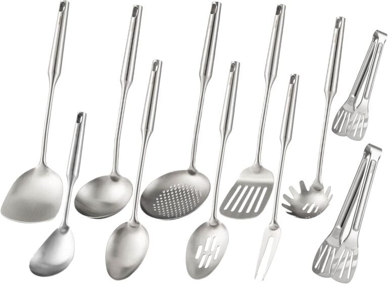 18/10 Stainless Steel Kitchen Utensils Set - 15 All Metal Cooking Tools, 11PCS - 2 Tongs, Fork, Solid Spoon, Slotted Spoon, Spatula, Soup Ladle, Skimmer, Slotted Spatula, Spaghetti Spoon, Large Spoon