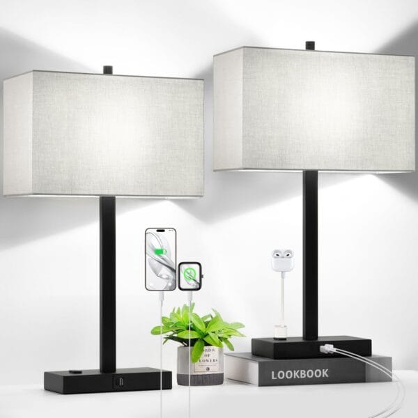 21" Set of 2 Touch Control Table Lamps with 2 USB & AC Outlets, 3-Way Dimmable Modern Nightstand Lamps for Bedroom Living Room Office Reading, Gray Shade Bedside Lamps, 5000K LED Bulbs Included