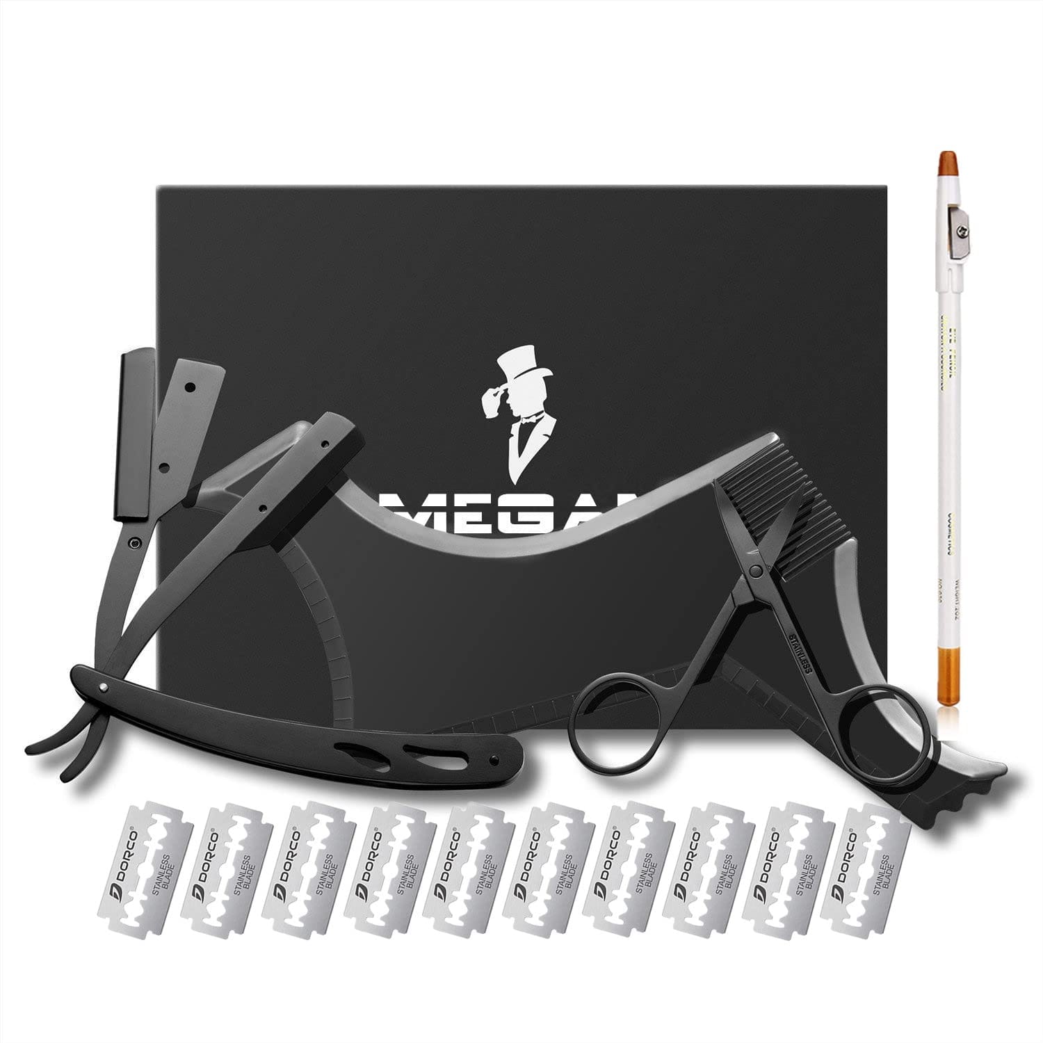 Megan Beard Shaping Tool,5 Piece Set Beard Shaper Include Professional Straight Edge Razor,beard Template,10 Count Of Double Edge Blades,barber Pencil And Stainless Steel Scissors. Megan beard shaping tool,5 piece set beard shaper - include Professional Straight Edge Razor,beard template,10 Count of double edge blades,barber pencil and Stainless steel scissors.