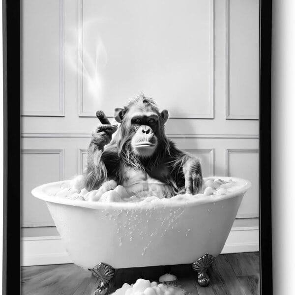 Framed Bathroom Decor Wall Art, Chimpanzee in Bathtub, Black and White Wall Art, Funny Bathroom Wall Decor Signs, Cute Animal Art Home Decor (Framed,8''x10'')