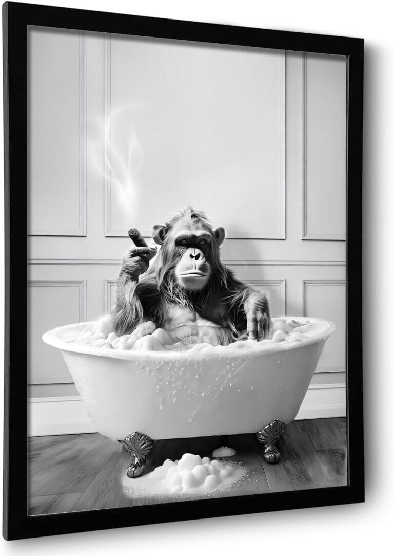 Framed Bathroom Decor Wall Art, Chimpanzee in Bathtub, Black and White Wall Art, Funny Bathroom Wall Decor Signs, Cute Animal Art Home Decor (Framed,8''x10'')