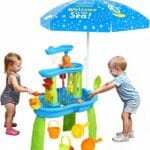 Hugut 2025 Upgraded 3-Tier Sand Water Table with Umbrella  Outdoor Backyard Sensory Activity Table for Kids, Perfect for Boys and Girls Summer Fun