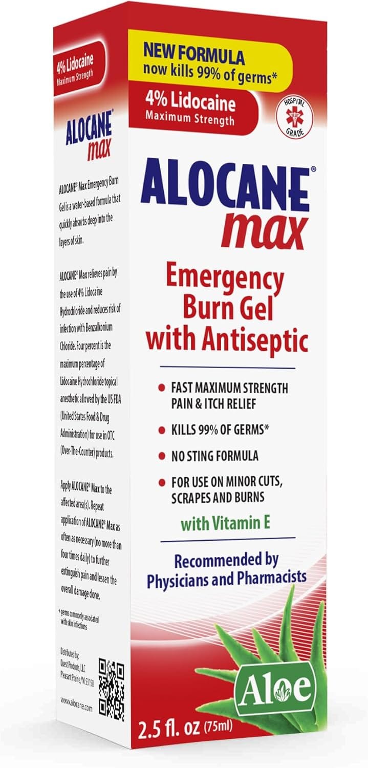 Alocane Max Emergency Burn Gel, 4% Lidocaine Hydrochloride, Antiseptic Kills 99% of Germs, Maximum Strength Pain and Itch Relief, for Sunburns, First Aid Burn Gel with Aloe Vera 2.5 fl oz