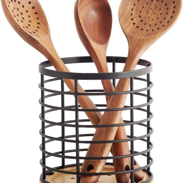 Utensil holder for Kitchen Counter - 5.2" x 5.2" x 6" Large Round with Wooden Base Matte Black Cooking Utensil Holder Utensil Organizer (Metal+Bamboo)