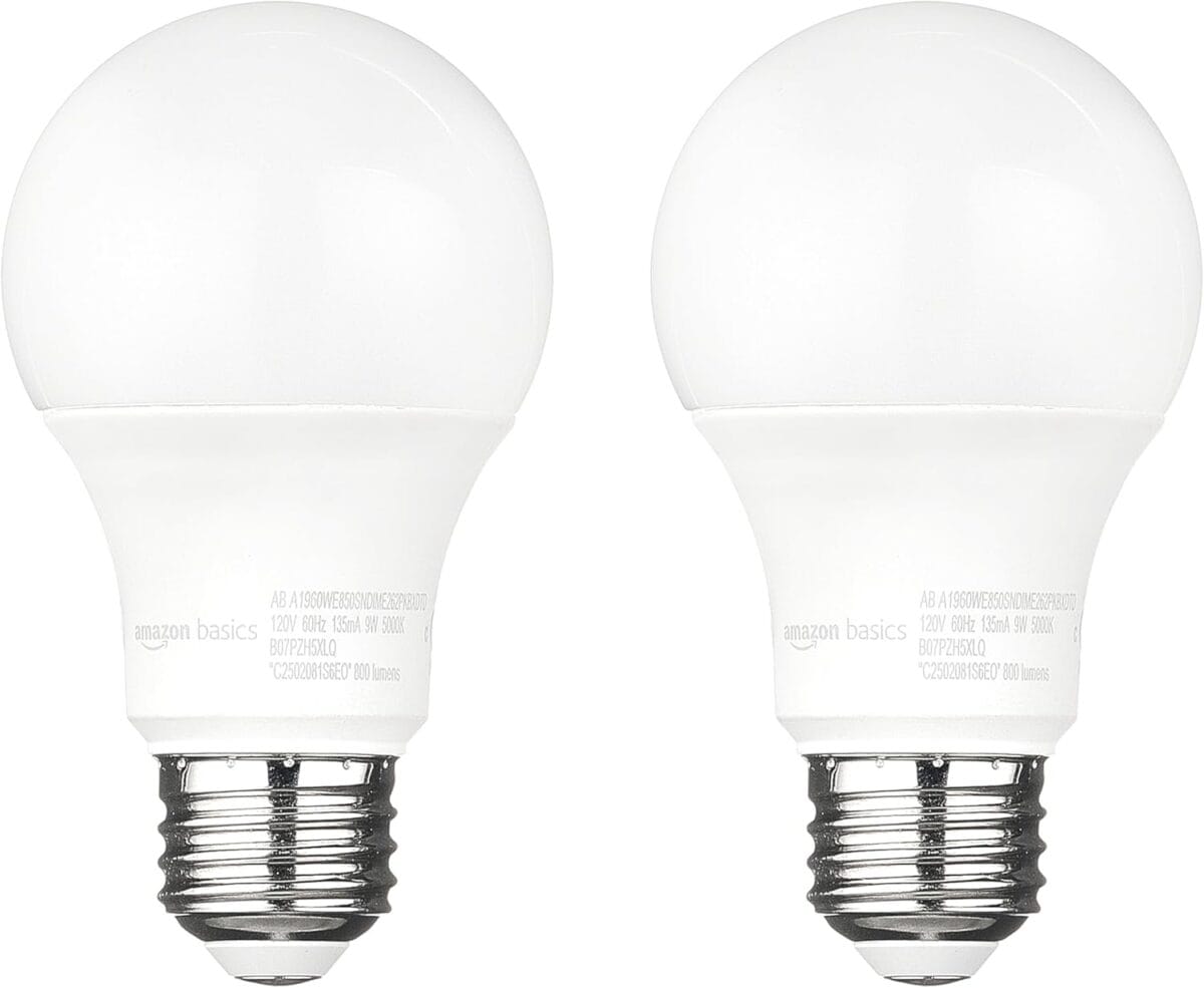 Amazon Basics A19 Dusk to Dawn Sensor LED Outdoor Light Bulb, 60W Equivalent, Energy-Efficient 9W, Daylight 5000K, E26 Base, 10,000 Hours, 2 Count (Pack of 1)