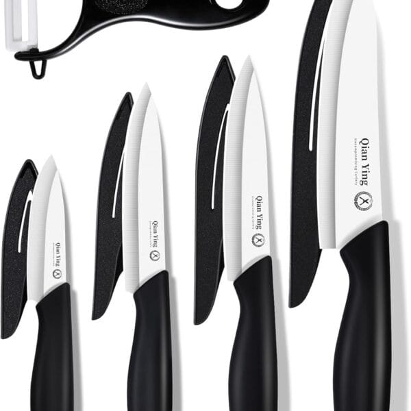 Ceramic Knife Set for Kitchen with Sheath: 100% Zirconia Pure Ceramic Sharp Blade Fruit Cutting Knives 9Pcs with Cover Rustproof Clean Cut Edge Black Handle, No Scratches on Titanium Cutting Boards