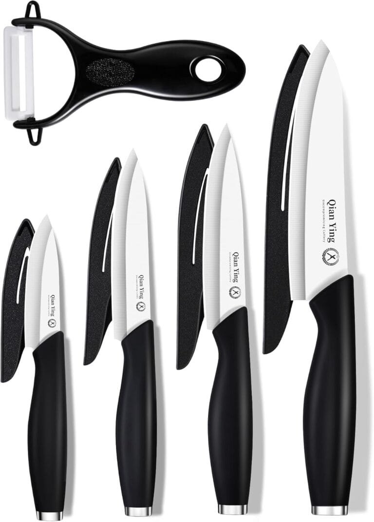 Ceramic Knife Set for Kitchen with Sheath: 100% Zirconia Pure Ceramic Sharp Blade Fruit Cutting Knives 9Pcs with Cover Rustproof Clean Cut Edge Black Handle, No Scratches on Titanium Cutting Boards