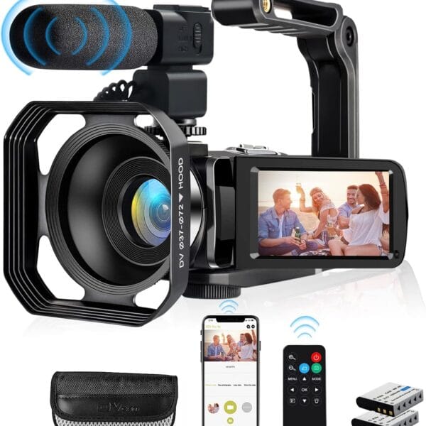 4K Video Camera, Camcorder 48MP Ultra HD WiFi Vlogging Camera for YouTube 18X Zoom 3.0" Touch Screen Digital Camera with Microphone, Stabilizer, Lens Hood, Remote, 2 Batteries