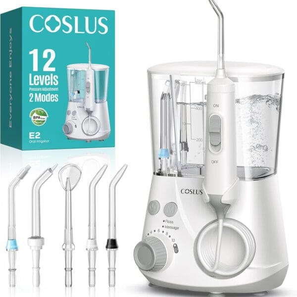 COSLUS Professional Water Flosser for Teeth: 2 Modes & 12 Pressure Settings Electric Dental Pick for Orthodontic, Braces, Sensitive Gums - Home Use, 5 Jet Tips for Multiple Users, Family, White, E2