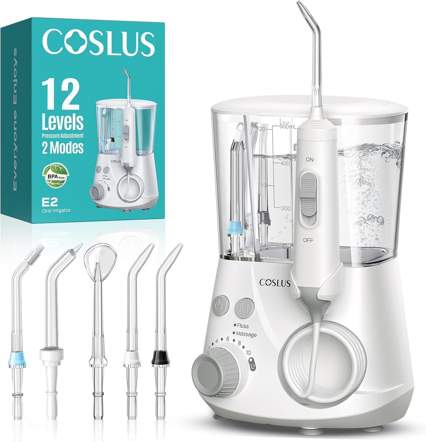 COSLUS Professional Water Flosser For Teeth: 2 Modes & 12 Pressure Settings Electric Dental Pick For Orthodontic, Braces, Sensitive Gums Home Use, 5 Jet Tips For Multiple Users, Family, White, E2 COSLUS Professional Water Flosser for Teeth: 2 Modes & 12 Pressure Settings Electric Dental Pick for Orthodontic, Braces, Sensitive Gums - Home Use, 5 Jet Tips for Multiple Users, Family, White, E2