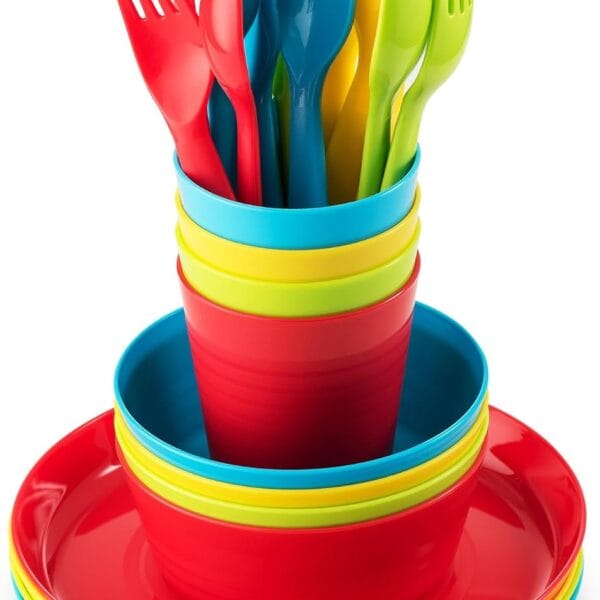 Kids Dinnerware Set for 4-24 Piece Plastic Childrens Dishes Dinnerware Sets Microwave/Dishwasher Safe BPA Free - Toddler Dinner Set Includes Kids Plates and Bowls Kids Cups Flatware Set