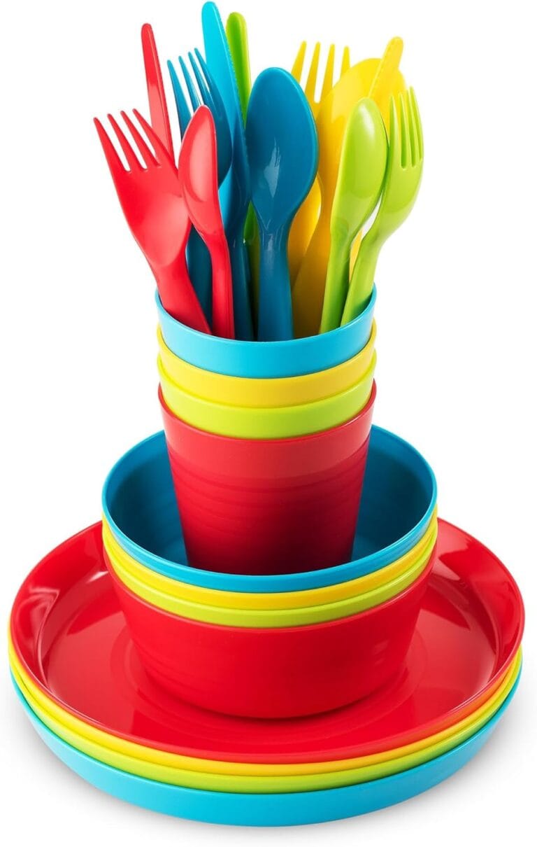 Kids Dinnerware Set for 4-24 Piece Plastic Childrens Dishes Dinnerware Sets Microwave/Dishwasher Safe BPA Free - Toddler Dinner Set Includes Kids Plates and Bowls Kids Cups Flatware Set