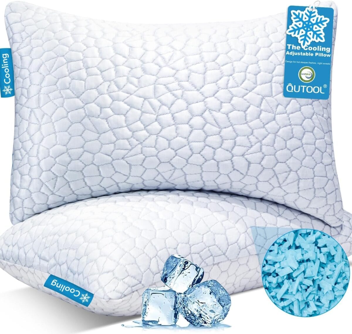QUTOOL Cooling Pillows for Sleeping 2 Pack, Shredded Memory Foam Bed Pillows Queen Size Set of 2, Cool Gel Pillow for Hot Sleepers Adjustable Firm Pillow for Side, Back and Stomach Sleepers Supportive