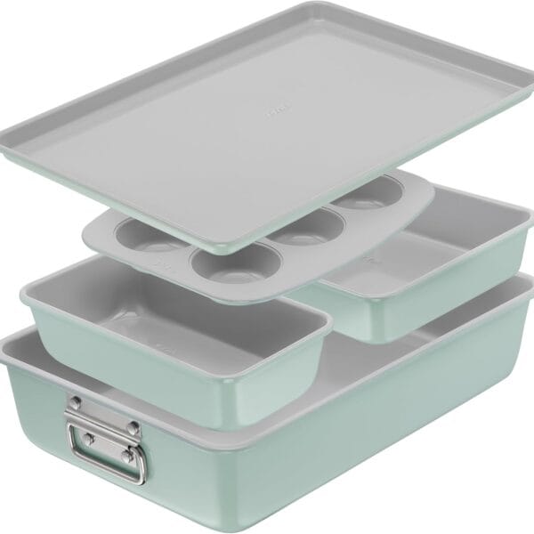 T-fal Refresh Ceramic Nonstick Baking Pans Set (5 pieces), Baking Sheet, Roaster, 6-Cup Muffin Pan, Loaf Pan, Square Baking Pans, Stackable Bakeware Set, Made without PFOA and PTFE, Mint Green