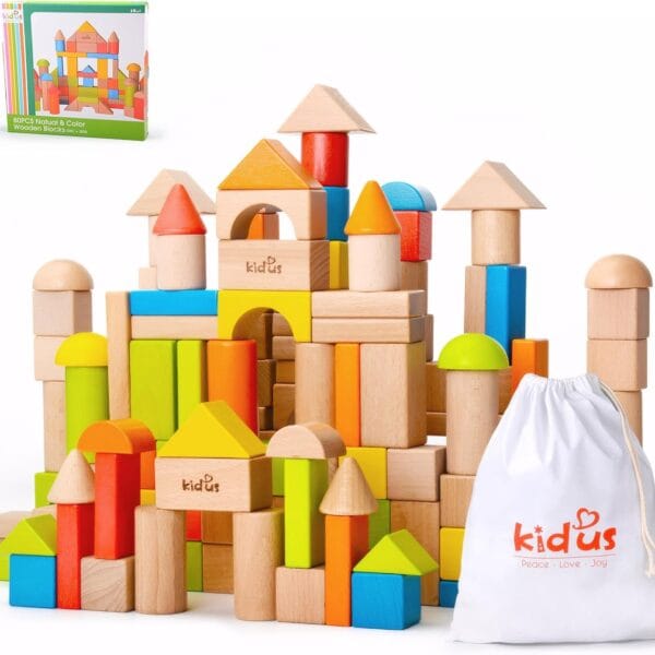 80pcs Wooden Building Blocks Set for Toddlers - Natural & Colorful Stacking Blocks with Carrying Bag - Educational Preschool Montessori Learning Toys - Perfect for Kids Ages 18 Months up