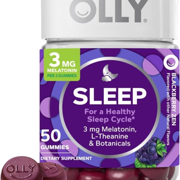 OLLY Sleep Gummy, 3 mg Melatonin, L-Theanine, Chamomile, Lemon Balm, Sleep Aid, Blackberry, 50 Count (Packaging May Vary)