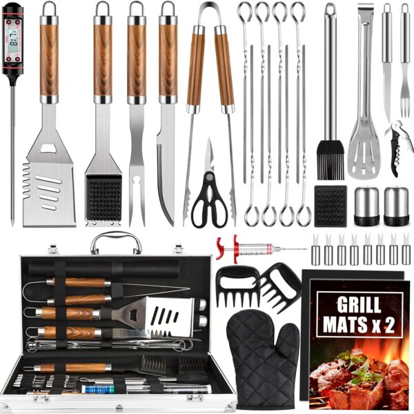BBQ Grill Accessories Set, 38Pcs Stainless Steel Grill Tools Grilling Accessories with Aluminum Case, Thermometer, Grill Mats for Camping/Backyard Barbecue, Grill Set for Men Women