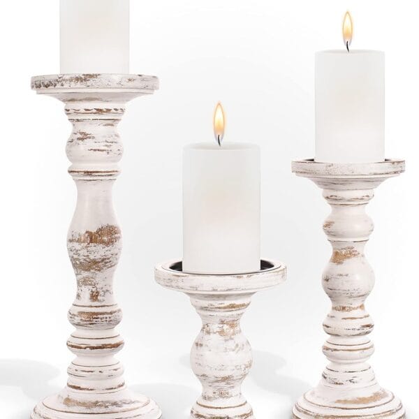 Large Candle Holders for Pillar Candles - Rustic Farmhouse Style Home Decor - Perfect for Table Centerpieces, Coffee Table or Fireplace Mantel - 3 Piece Set - White