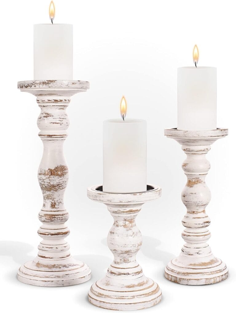 Large Candle Holders for Pillar Candles - Rustic Farmhouse Style Home Decor - Perfect for Table Centerpieces, Coffee Table or Fireplace Mantel - 3 Piece Set - White