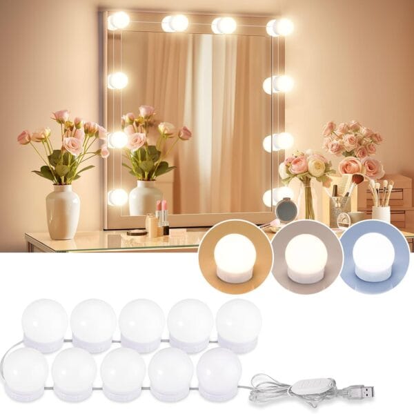 LED Vanity Lights For Mirror, Consciot Hollywood Style With 10 Dimmable Bulbs, Adjustable Color & Brightness, USB Cable, Stick on for Makeup Table Dressing Room Mirror
