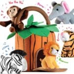Play22 6-Piece Plush Talking Jungle Animals Set with Carrier for Kids, Babies & Toddlers - Elephant, Tiger, Lion, Zebra, Monkey