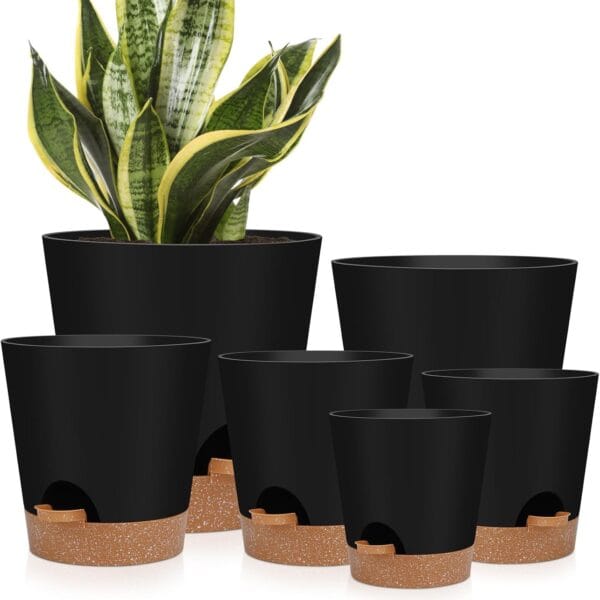 Indoor Self Watering Planters with Drainage Holes and Saucers, 8, 7, 6.5, 6, 5.5, 5 Inches, Black, 6 Pots
