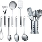 Berglander Cooking Utensil Set 8 Piece, Stainless Steel Kitchen Tool Set with Stand,Cooking Utensils, Slotted Tuner, Ladle, Skimmer, Serving Spoon, Pasta Server,Potato Maseher, Egg Whisk. 8 Pieces