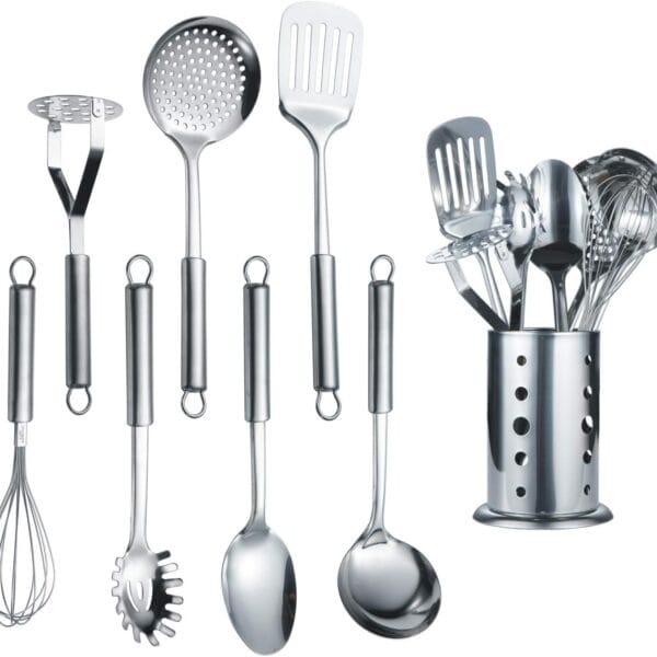 Berglander Cooking Utensil Set 8 Piece, Stainless Steel Kitchen Tool Set with Stand,Cooking Utensils, Slotted Tuner, Ladle, Skimmer, Serving Spoon, Pasta Server,Potato Maseher, Egg Whisk. 8 Pieces