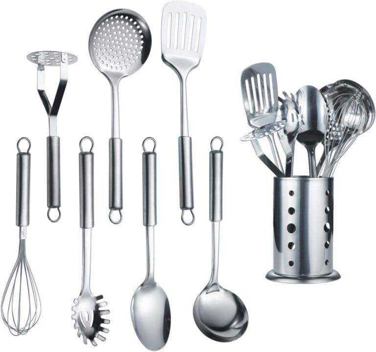 Berglander Cooking Utensil Set 8 Piece, Stainless Steel Kitchen Tool Set with Stand,Cooking Utensils, Slotted Tuner, Ladle, Skimmer, Serving Spoon, Pasta Server,Potato Maseher, Egg Whisk. 8 Pieces