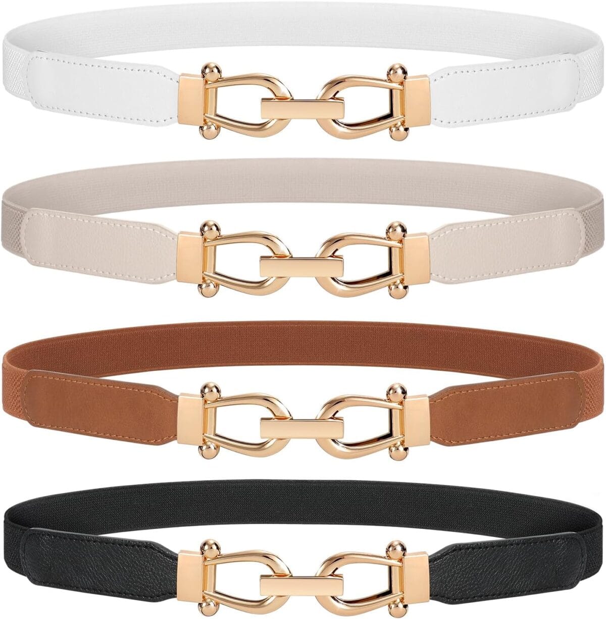 WERFORU Women Skinny Belt for Dresses Retro Stretch Waist Belt with Gold Buckle Set of 4