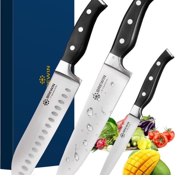Brewin Professional Kitchen Knives, 3PC Chef Knife Set Sharp Knives for Kitchen High Carbon Stainless Steel, Japanese Cooking Knife with Gift Box
