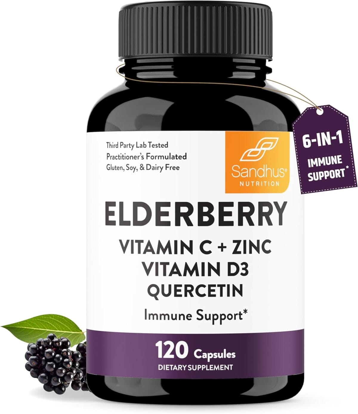 Sandhu's Elderberry Vitamin C Vitamin D3 with Zinc & Quercetin | Capsules for Men & Women | Supports Immune and Bone Health | 120 Count (Pack of 1)