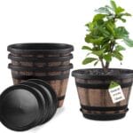 Quarut Plant Pots Set of 4 Pack 12 inch,Large Whiskey Barrel Planters with Drainage Holes & Saucer.Plastic Flower Pots Imitation Wine Barrel Design, for Indoor & Outdoor Garden Home Plants (Brown)